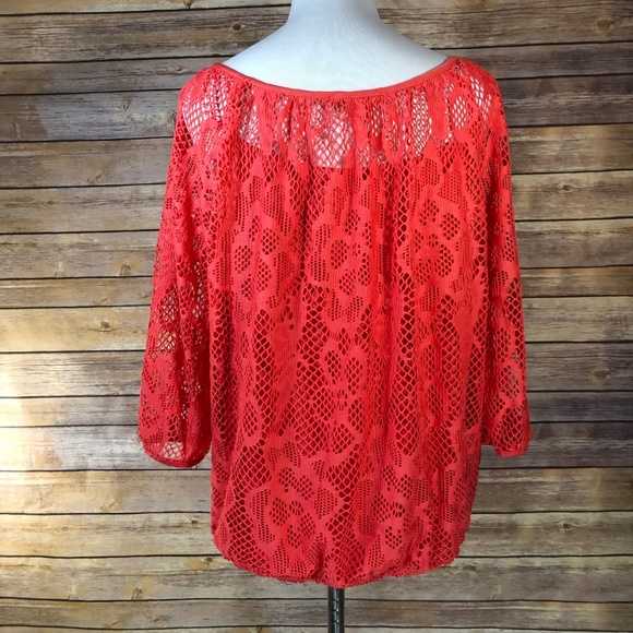 Boston Proper Coral Orange Floral Lace Mesh Blouse - Picture 2 of 8
